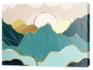 Gold mountain wallpaper design with landscape line arts, Golden luxury background design for cover, invitation background, packaging design, wall arts, fabric, and print. Vector illustration.