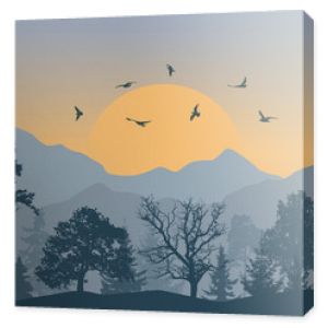 Beautiful forest on background of mountains and sunset and flying birds, silhouettes. Vector illustration