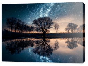 starry sky, with trees Silhouette in the horizon