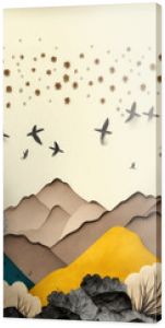 Brown trees with golden flowers and turquoise, black and gray mountains in light yellow background with white clouds and birds. 3d illustration wallpaper landscape art