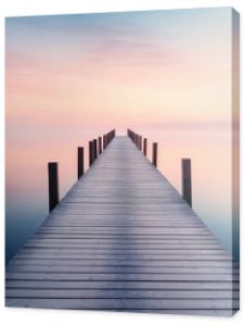 A straight flat simplistic rectangular lake dock, beautiful sunrise, foggy, calm water. Nature relax wallpaper.