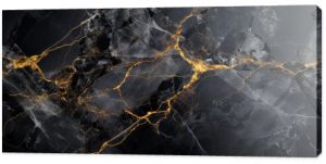 Black marble texture background, wide banner with pattern of gold line in dark rock. Abstract luxury marbled structure close-up. Concept of art, design, stone and wallpaper