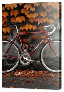 Rustic Bicycle Against Brick Wall With Autumn Leaves