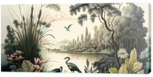 Vintage wallpaper featuring a forest landscape with lake, vegetation, trees, birds and herons.