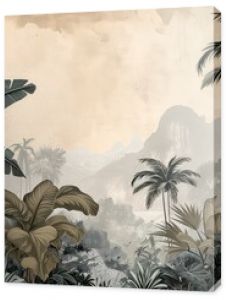 Old retro wallpaper of a lush jungle landscape.