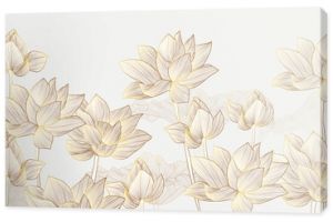 Luxury wallpaper design with Golden lotus and natural background. Lotus line arts design for wall arts, fabric, prints and background texture, Vector illustration.