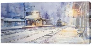 Gentle watercolor of a quiet, snowy railroad station with a diesel train parked, the tranquil scene illuminated by soft station lighting