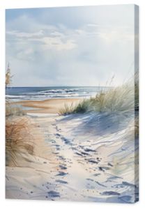 Realistic Sea beach background in watercolor style pink, blue beige pastel color, muted tones. Painting of sand dunes, path with foot step & sea. Sea side art banner with copy space.