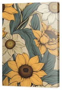 Timeless Botanical Charm: Sunflowers and Daffodils in a Vintage Floral Pattern