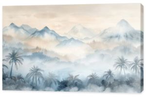 Serene watercolor landscape of misty mountains and palm trees with soft, muted tones, creating a peaceful and tranquil scene.