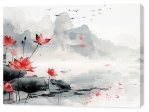 Red Lotus Flowers Blossom in a Misty Mountain Landscape