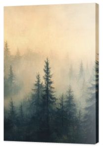 Vintage-inspired misty landscape, with a dense fir forest under a soft haze, evoking a sense of mystery and nostalgia.