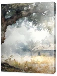 Hidden house under a large fallen tree, roots exposed, aftermath of a storm, watercolor style, soft edges, muted palette, serene yet haunting atmosphere