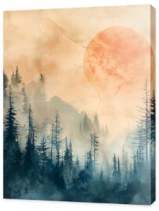 Forest landscape on retro paper texture, nature background