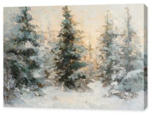 Serene winter landscape featuring fir trees dusted with snow in soft greens and warm golden lights