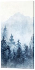 Serene mountain landscape painting, foggy forest and misty peaks misty