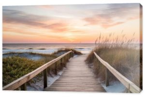 Empty wooden walkway on the ocean coast in the sunset time, pathway to beach, Generative AI illustration