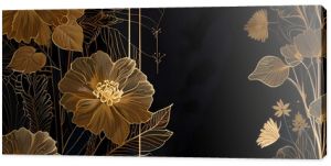 An elegant and luxurious illustration featuring a background with gold flowers made of thin golden lines on a dark background, creating a delicate floral texture. This illustration exudes opulence and