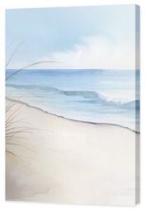 A serene beach scene rendered in watercolor, showing the fluid transitions between colors, soft brush techniques, and the artist's palette capturing the essence of the seaside