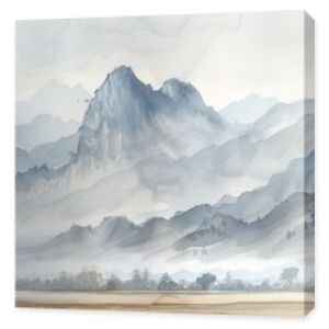 Serene watercolor painting of a misty mountain landscape, capturing tranquil beauty and natural harmony in soft, muted tones.