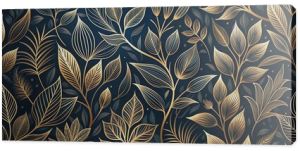 Elegant floral organic texture wallpaper illustration featuring intricate gold line art leaves on a dark, mysterious background with a seamless repeating pattern.