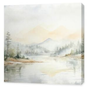 Watercolor painting beautiful landscape lake foreground surround