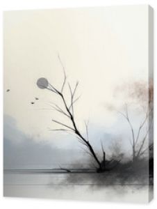 Minimalist landscape with trees, birds, and soft pastel tones