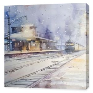 Gentle watercolor of a quiet, snowy railroad station with a diesel train parked, the tranquil scene illuminated by soft station lighting