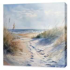 Realistic Sea beach background in watercolor style pink, blue beige pastel color, muted tones. Painting of sand dunes, path with foot step & sea. Sea side art banner with copy space.