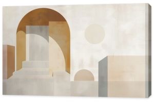 Minimalistic abstract digital painting featuring an earthy toned composition with simple geometric shapes gradients and architectural motifs in a clean Bauhaus inspired layout 