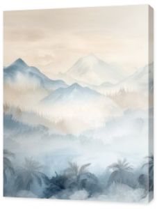 Serene watercolor landscape of misty mountains and palm trees with soft, muted tones, creating a peaceful and tranquil scene.