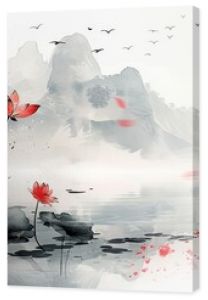 Red Lotus Flowers Blossom in a Misty Mountain Landscape