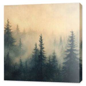 Vintage-inspired misty landscape, with a dense fir forest under a soft haze, evoking a sense of mystery and nostalgia.