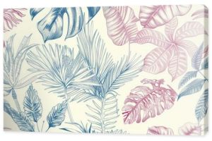 A repeating pattern of detailed botanical line drawings of exotic plants from old-world explorations, colored in subdued tropical hues.