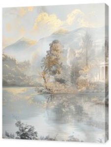 Baroque mural of a countryside scene in muted tones and gold on a soft backdrop