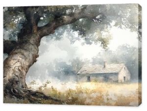 Hidden house under a large fallen tree, roots exposed, aftermath of a storm, watercolor style, soft edges, muted palette, serene yet haunting atmosphere