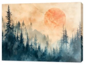 Forest landscape on retro paper texture, nature background