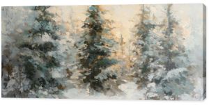 Serene winter landscape featuring fir trees dusted with snow in soft greens and warm golden lights