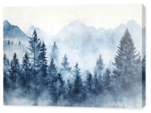 Serene mountain landscape painting, foggy forest and misty peaks misty