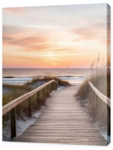 Empty wooden walkway on the ocean coast in the sunset time, pathway to beach, Generative AI illustration