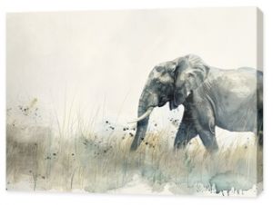 Watercolor Illustration of an Elephant Walking. Quiet Grassland Setting.