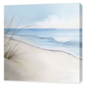 A serene beach scene rendered in watercolor, showing the fluid transitions between colors, soft brush techniques, and the artist's palette capturing the essence of the seaside