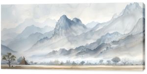 Serene watercolor painting of a misty mountain landscape, capturing tranquil beauty and natural harmony in soft, muted tones.