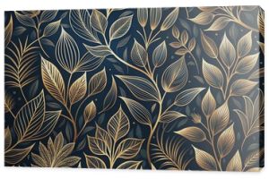 Elegant floral organic texture wallpaper illustration featuring intricate gold line art leaves on a dark, mysterious background with a seamless repeating pattern.