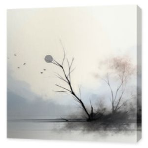 Minimalist landscape with trees, birds, and soft pastel tones