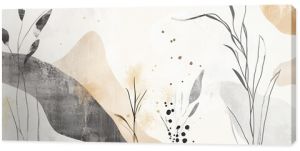 Abstract botanical design features delicate plants and organic shapes in muted colors on a textured background