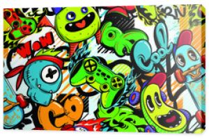 Abstract seamless cartoon pattern for kids, teenagers, fashion textile, clothes, wrapping paper. Repeated print with monsters doodle characters, graffiti text, gamepad, skateboard.