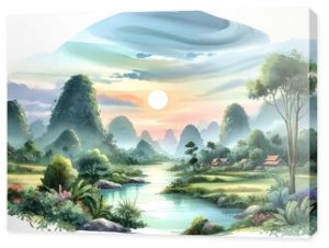 Watercolor pictures of rivers, trees, mountains, sun, beautiful evening views