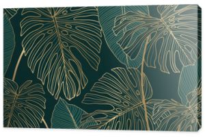 Luxury gold and green nature vector background. Floral pattern, tropical plant with golden split leaves with monstera plant line art, vector illustration.