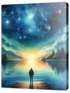 Watercolor painting of a man sitting on a lake shore, looking up at the starry night sky